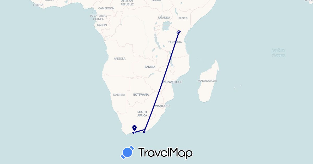 TravelMap itinerary: driving in Tanzania, South Africa (Africa)